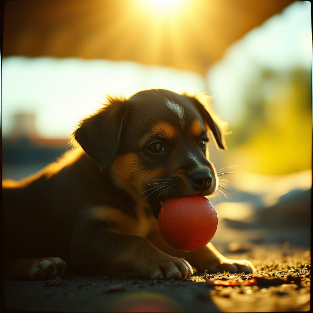 Puppy in Sunlight with Cinematic Film Aesthetic