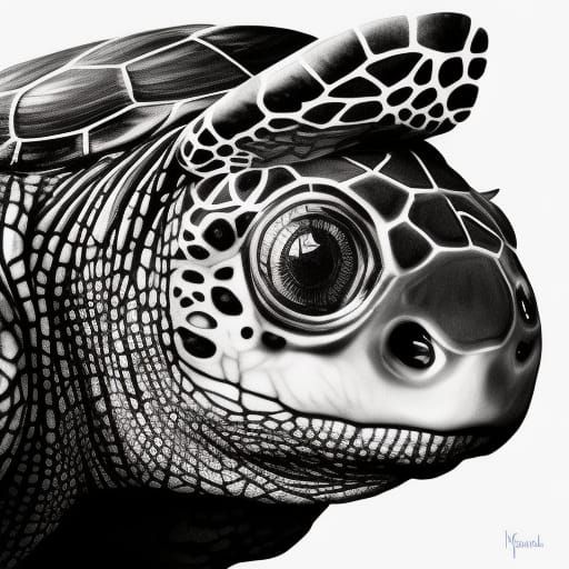 Detailed Turtle in Black and White Ink