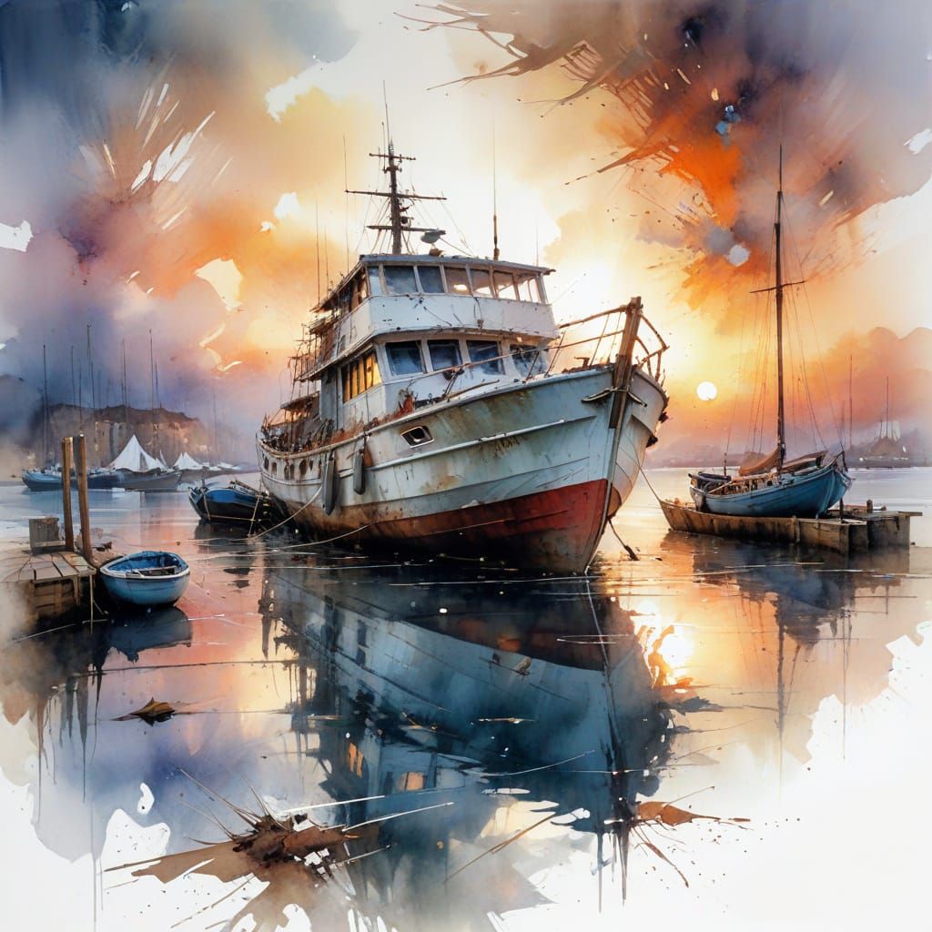 Old Boat at Sunset: Expressive Watercolour Art