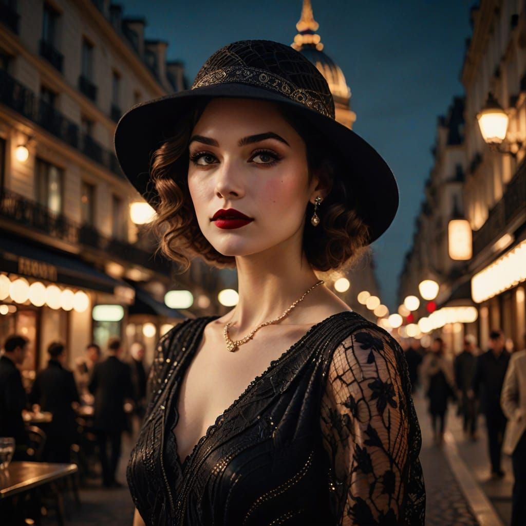 Art Deco Glamour: Woman in Hat Gazes Over Shoulder