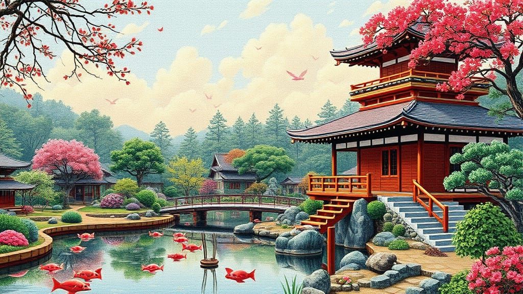 Japanese Garden Pond in Vibrant Anime Needlepoint