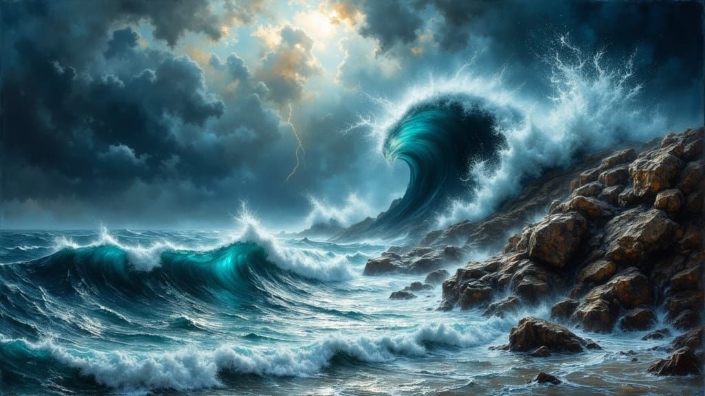 Towering Wave Crashing on Rocky Coastline as Impasto Paintin...