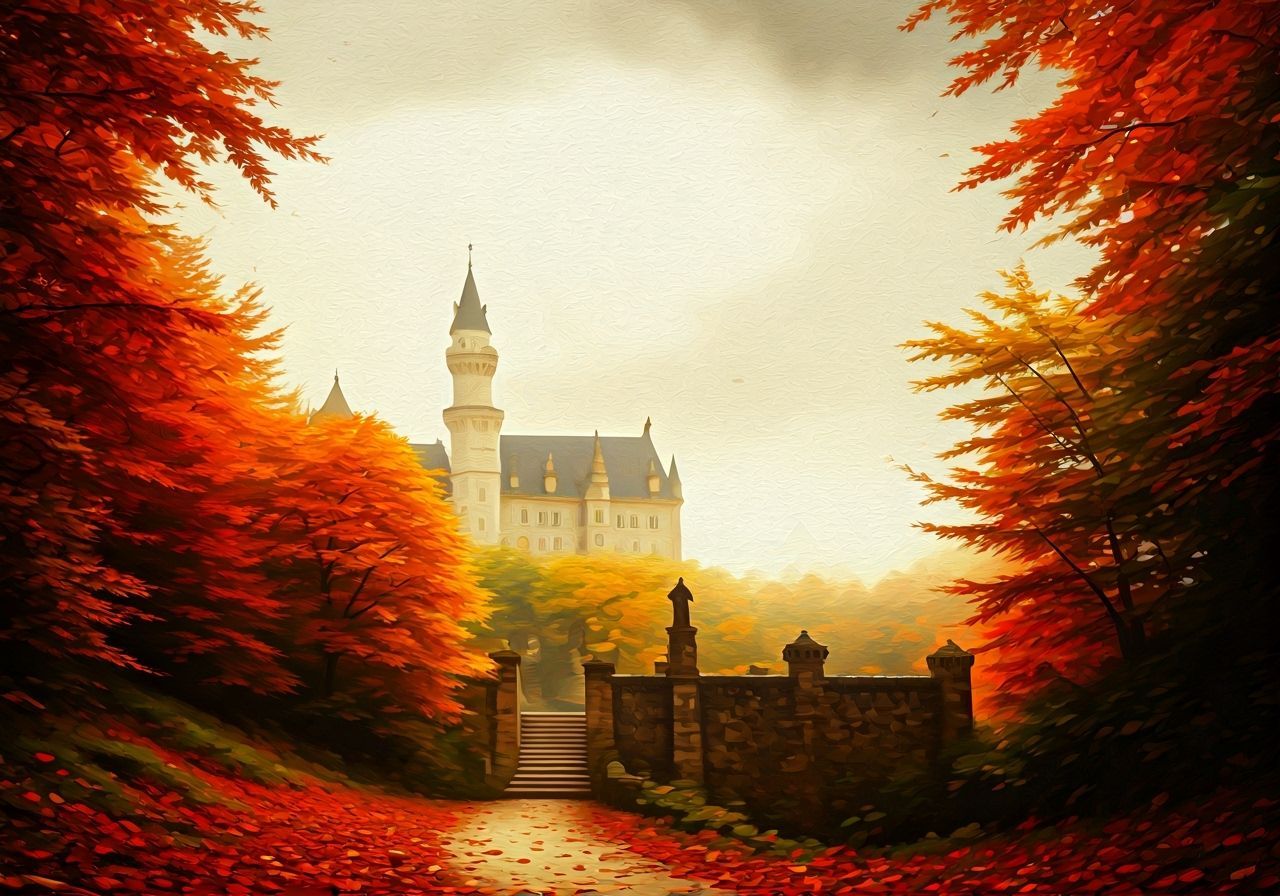 Neuschwanstein Castle in Autumn, Textured Oil Painting