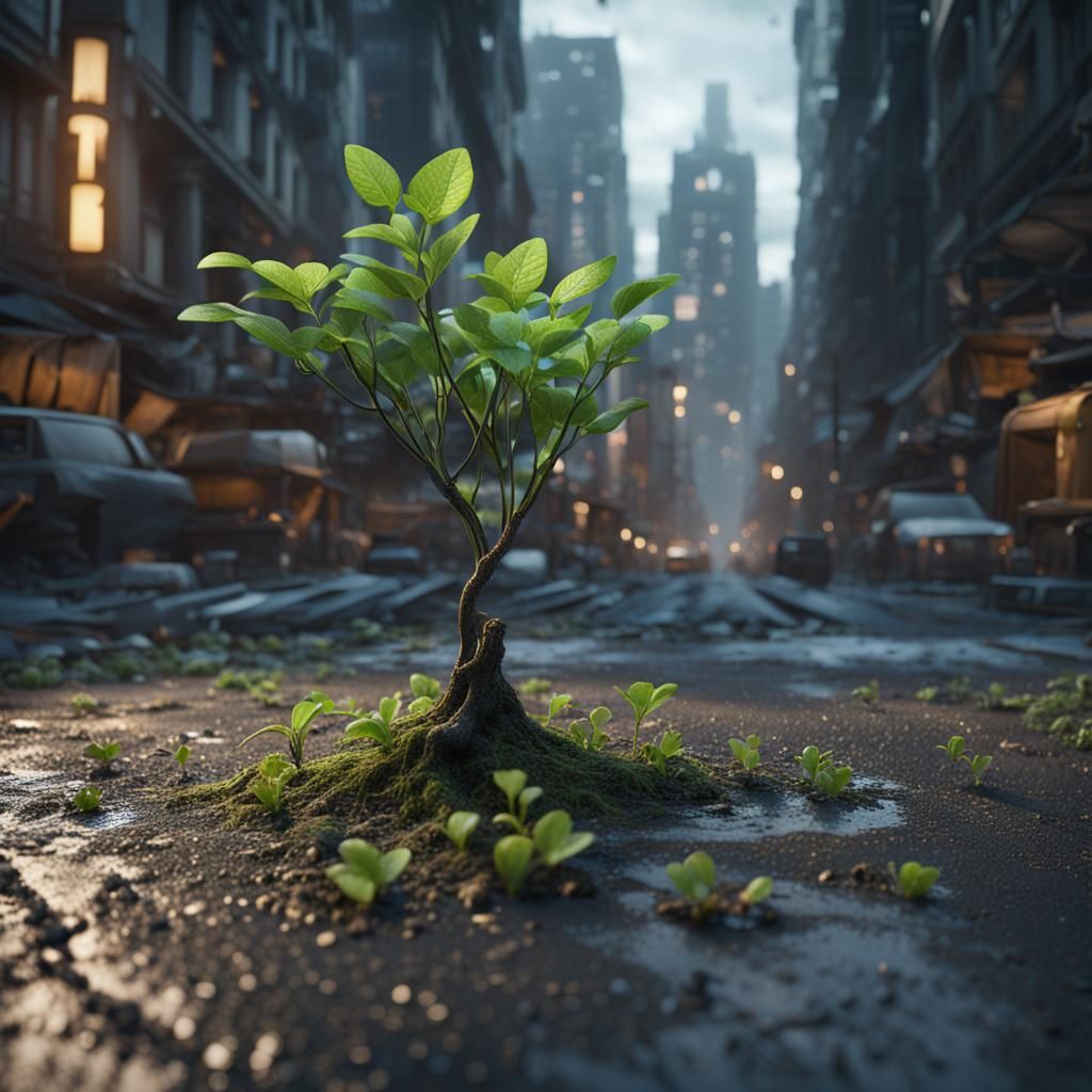 Small Plant Growing in City Asphalt: Concept Art