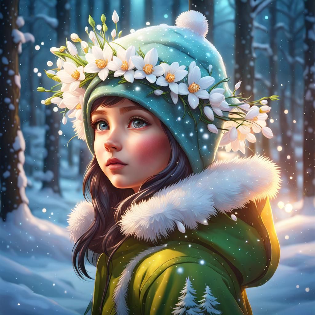 Snowdrop Fairy Portrait in Snowy Forest