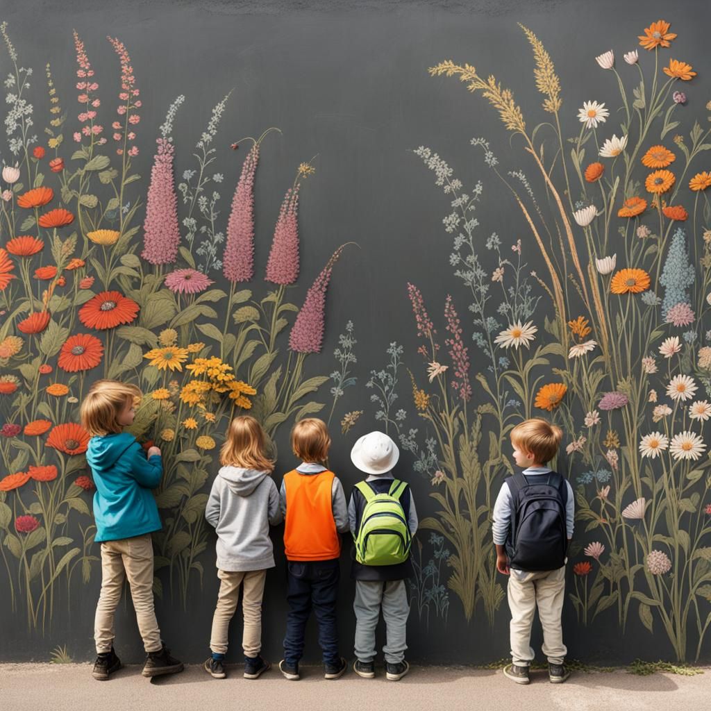 Children's Chalk Meadow on Concrete Wall