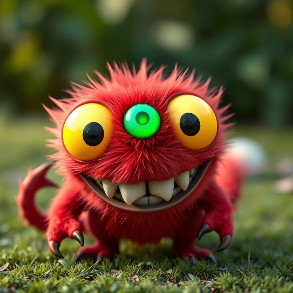 Whimsical Cartoon Creature with Three Eyes and Furry Red Bod...