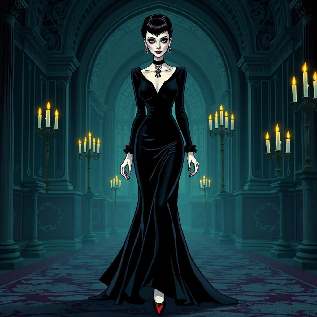 Elegant Morticia Addams Emerges from Shadows in Dark Gothic ...