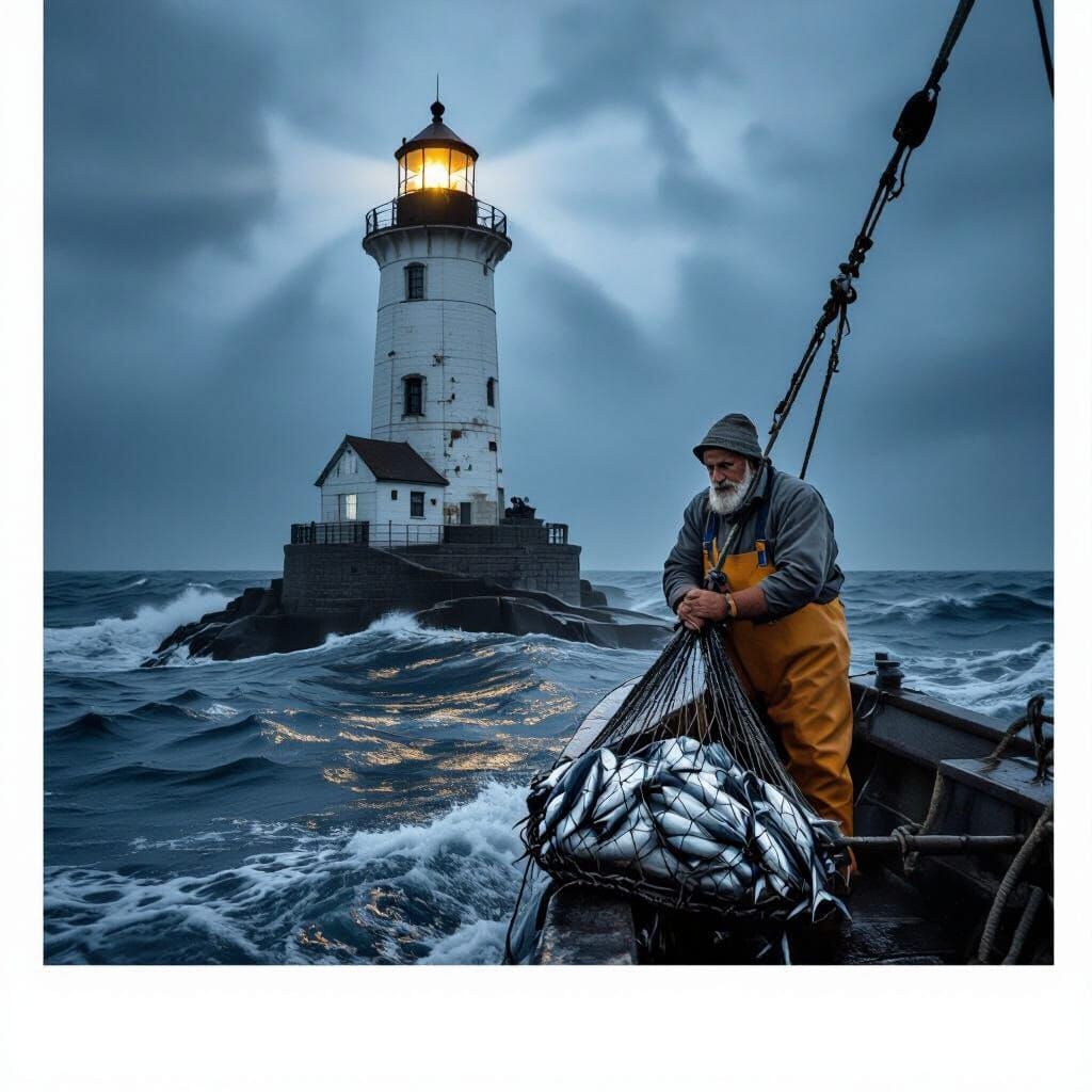 Lighthouse Guides Fisherman Through Stormy Seas
