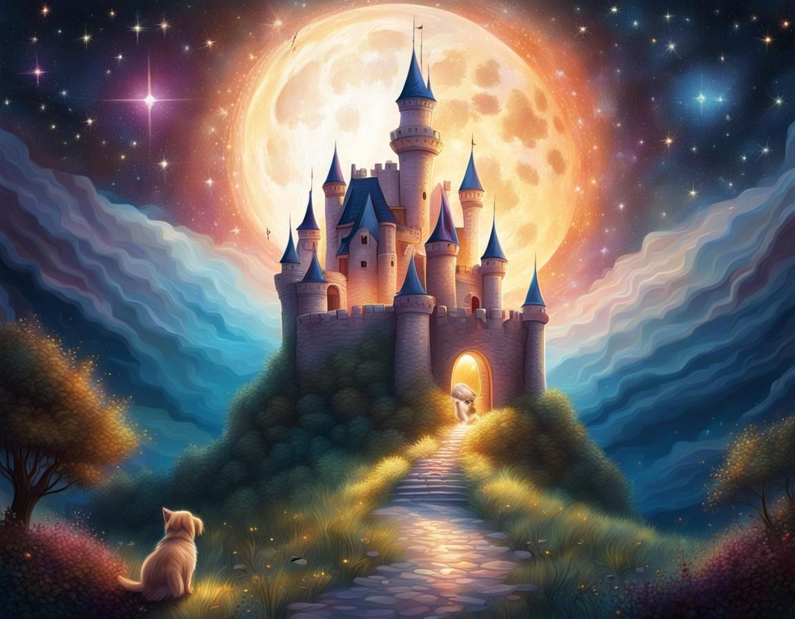 Fantasy Castle with Kitten and Puppy Illustration