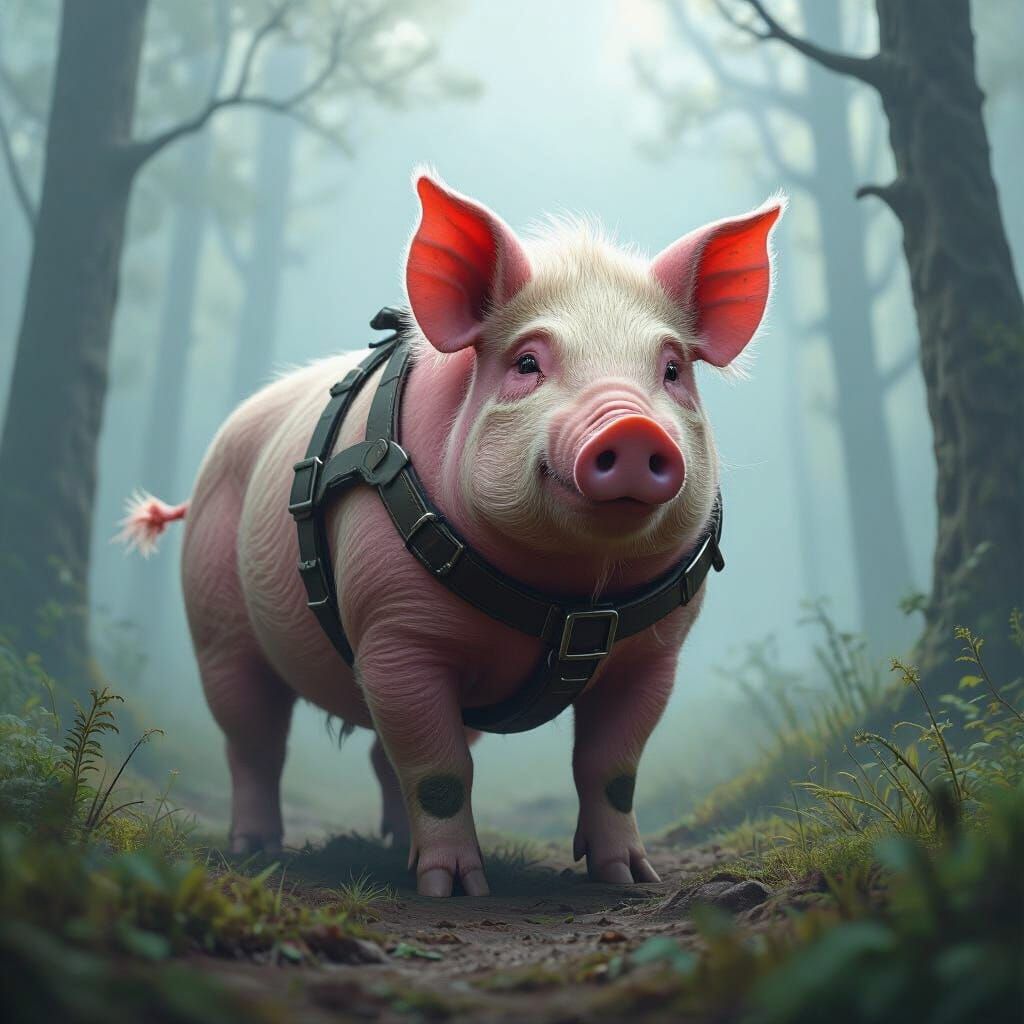 Majestic Pig-Boar Hybrid in Misty Forest