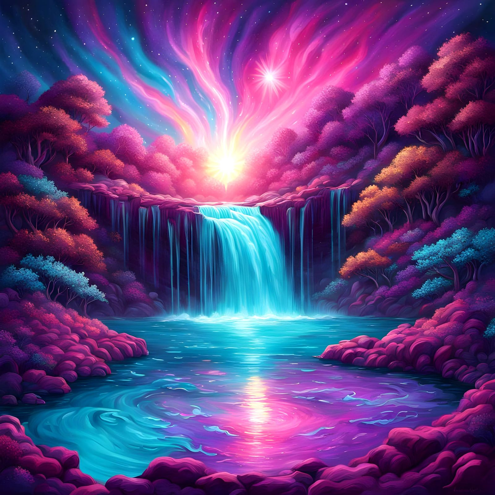 Surreal Magenta Waterfall Unfolds into a Turquoise Pool, Sur...