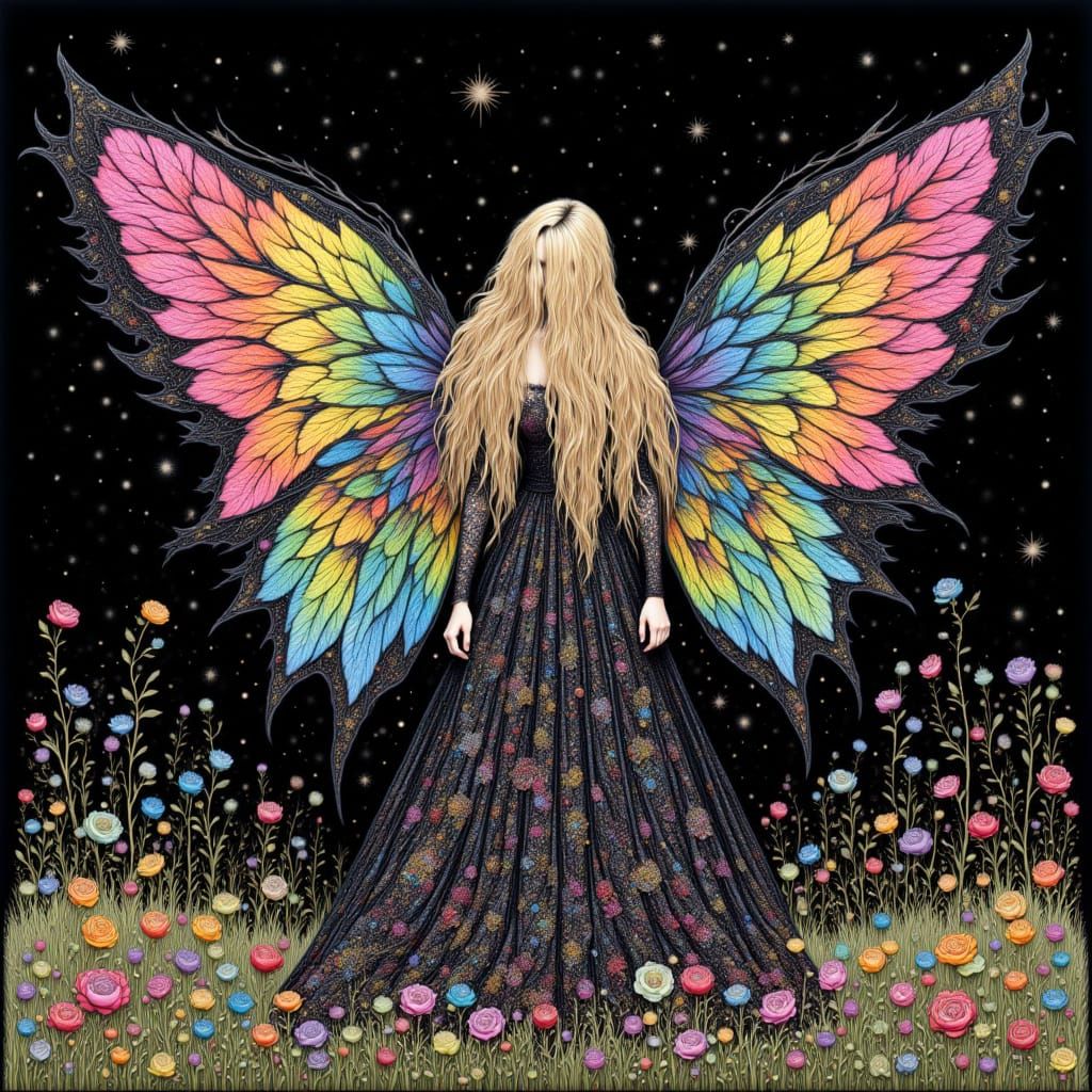 Gothic Fairy with Geometric Wings in Meadow