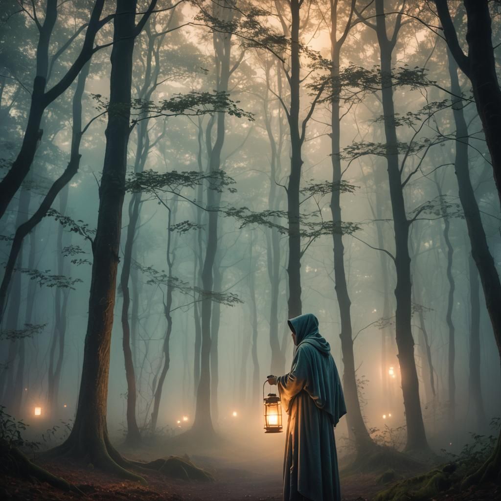 Ethereal Mystic Art: Lantern in Misty Forest
