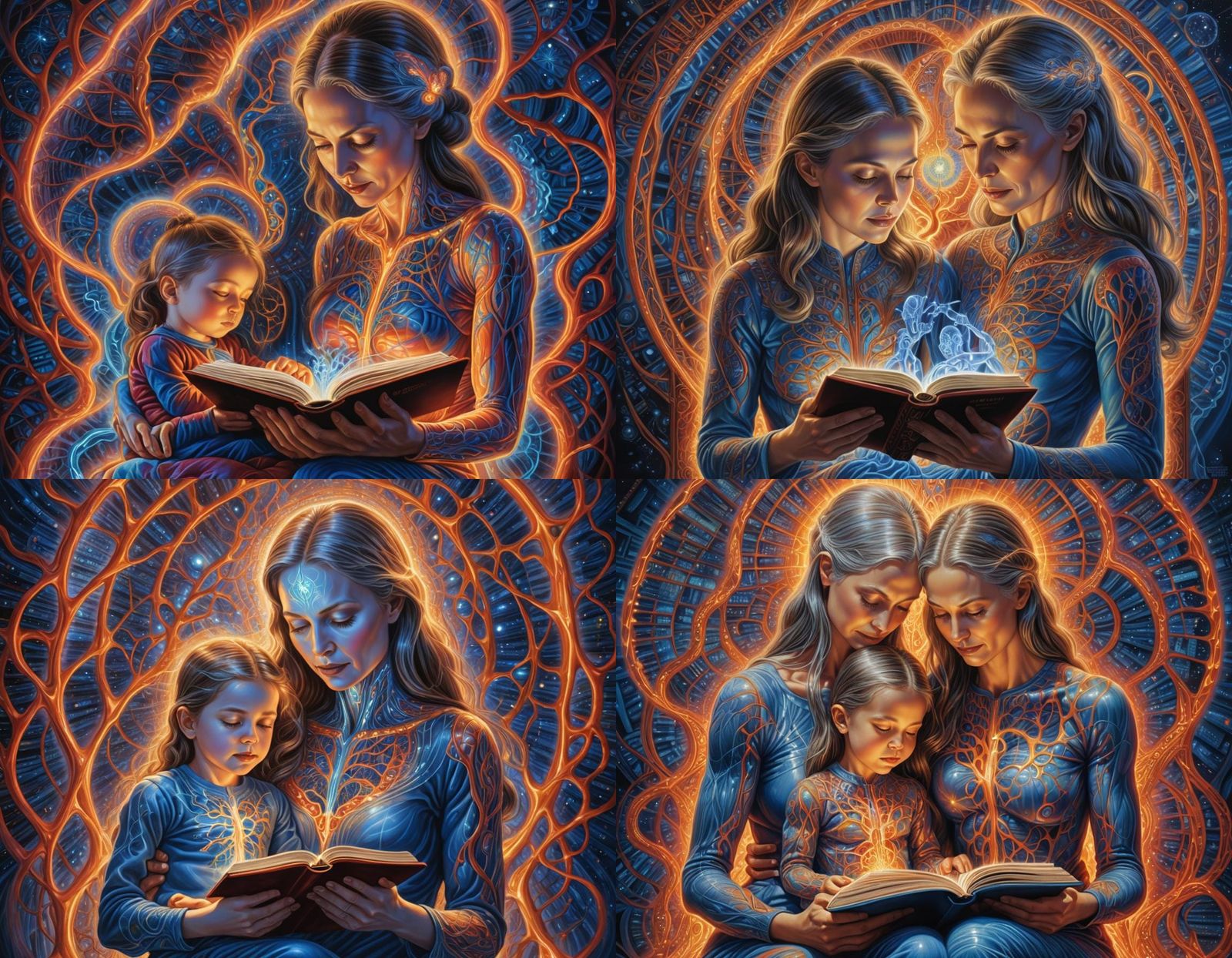 a painting of a woman holding a child, alex grey art, transl...