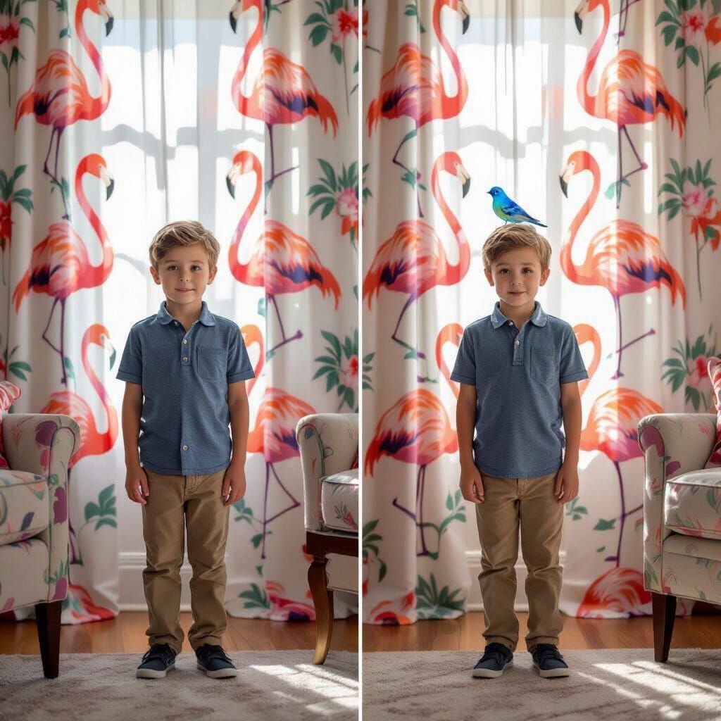 Find The Difference Puzzle: Boy and Flamingo Curtain