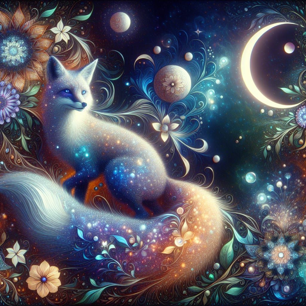 Enchanted Fox Spirit in Cosmic Forest, 8k Illustration