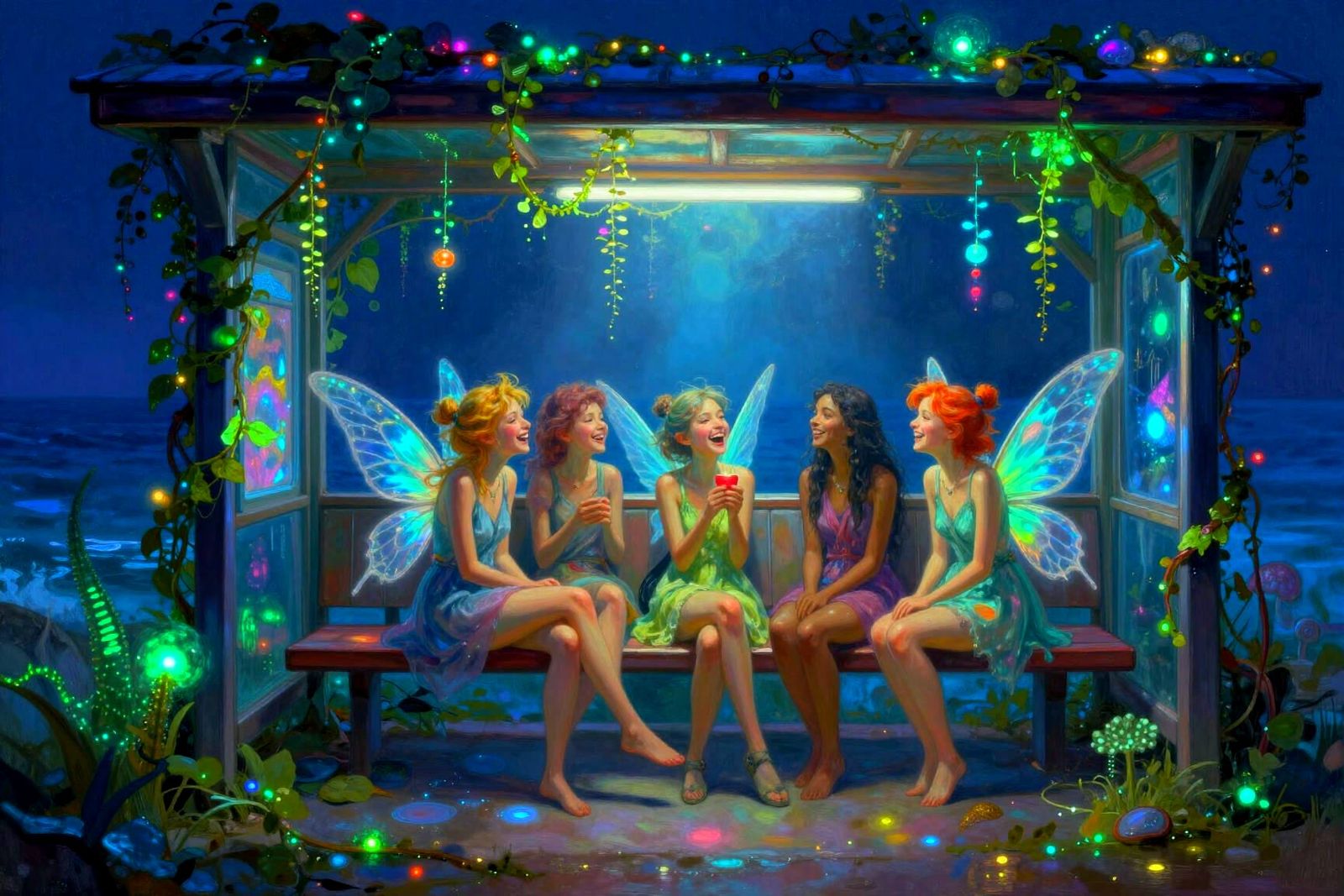 Fairies Laughing in Ocean Punk Bus Station Oil Painting