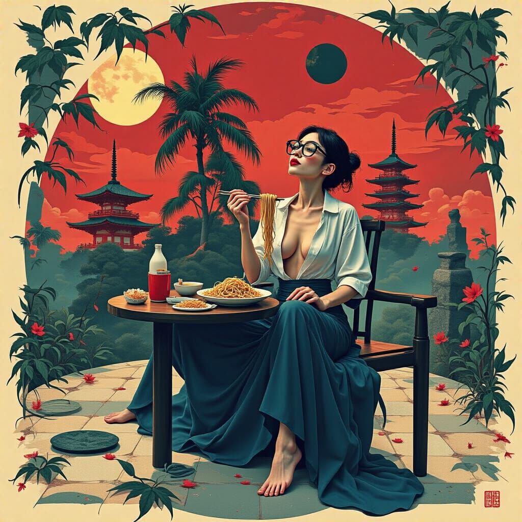 Japanese Woman Indulges in Noodles, Surrealist Flair