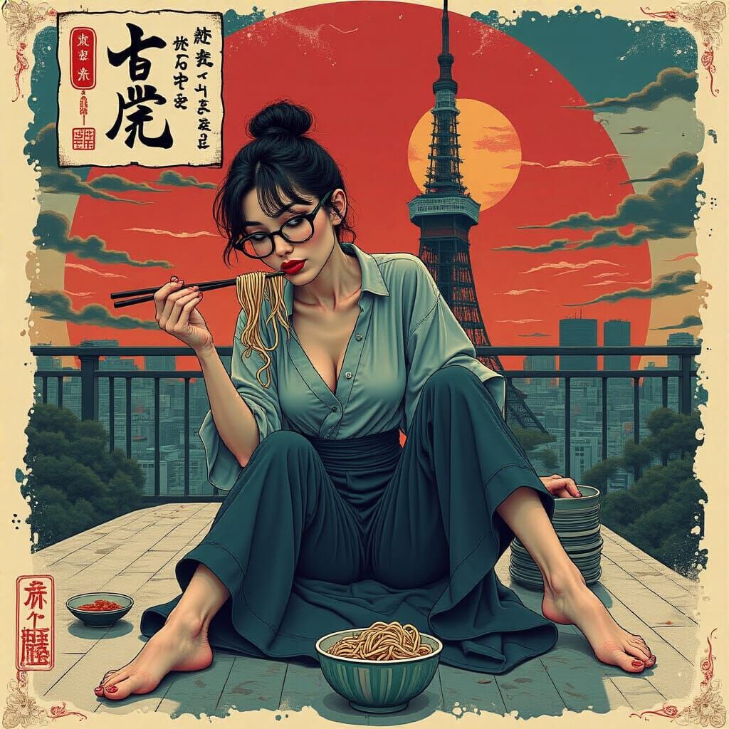Japanese Woman Enjoys Noodles in Chic Style