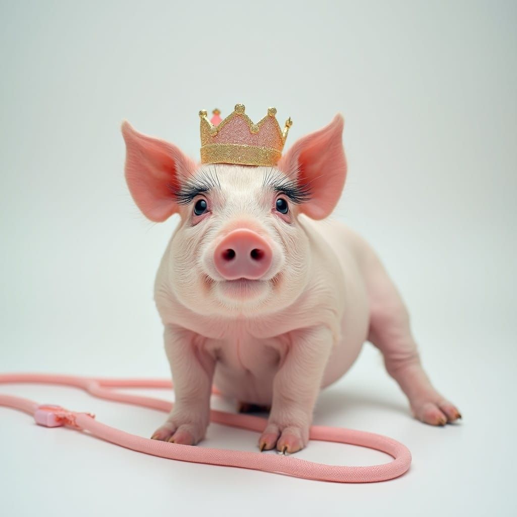 Glamorous Pig with Crown and Leash