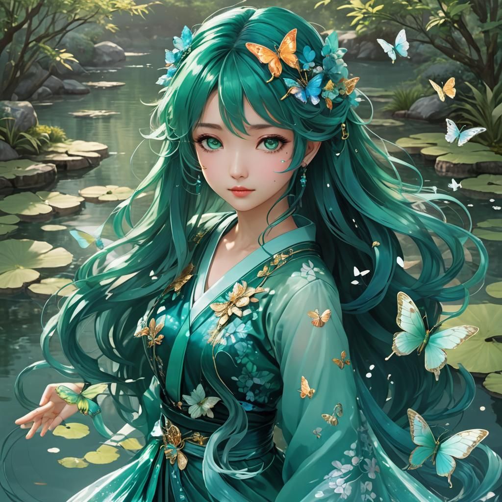 Anime Girl Haruka in Teal and Aquamarine Attire