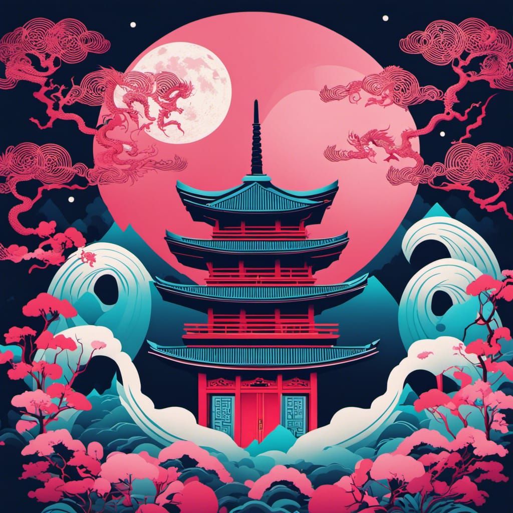 Japanese Dragon Burns Temple in Minimalist Style