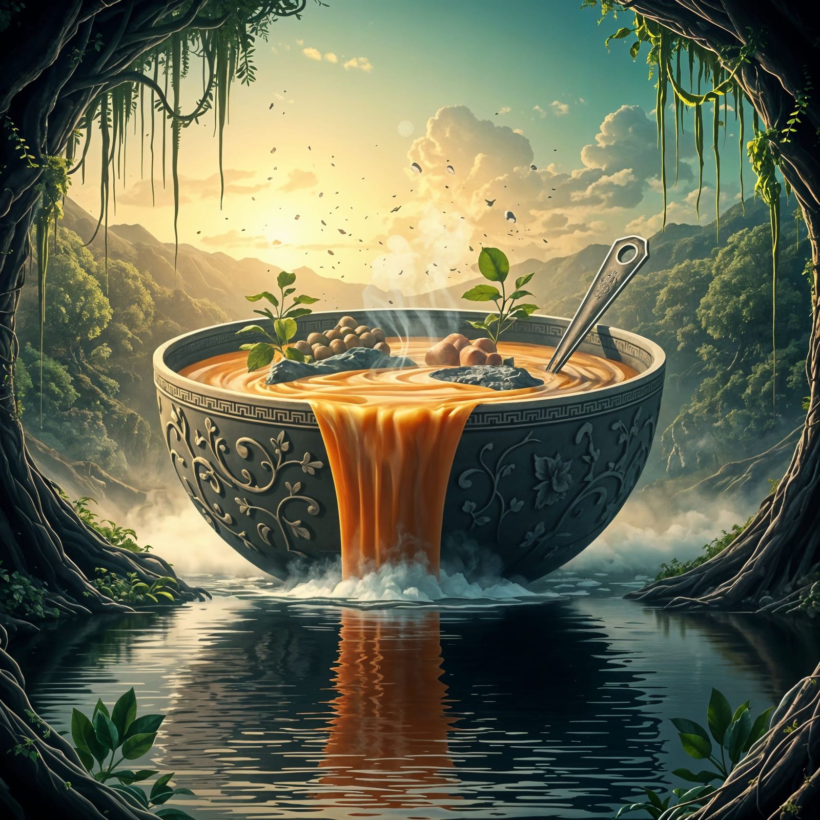 Surreal Soup Bowl Waterfall Over Serene Lake