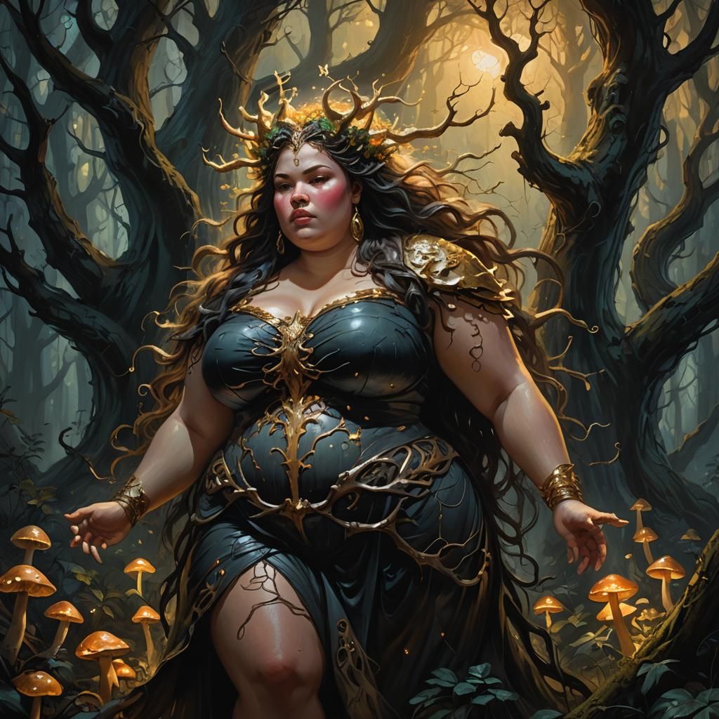 Goddess in Mystical Forest: Dark Fantasy Oil Painting
