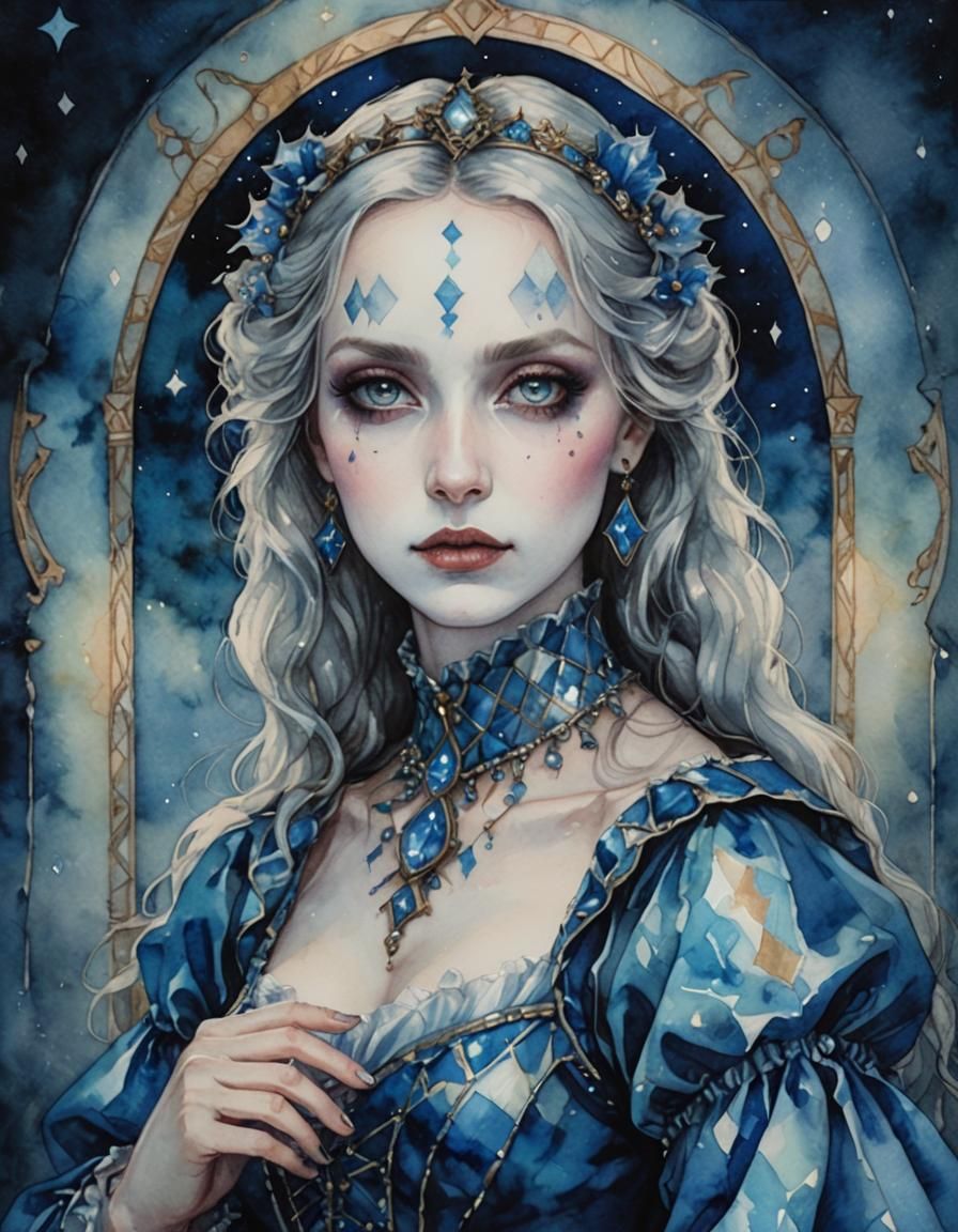 Twilight Harlequin Lady in Noctilucent Watercolor