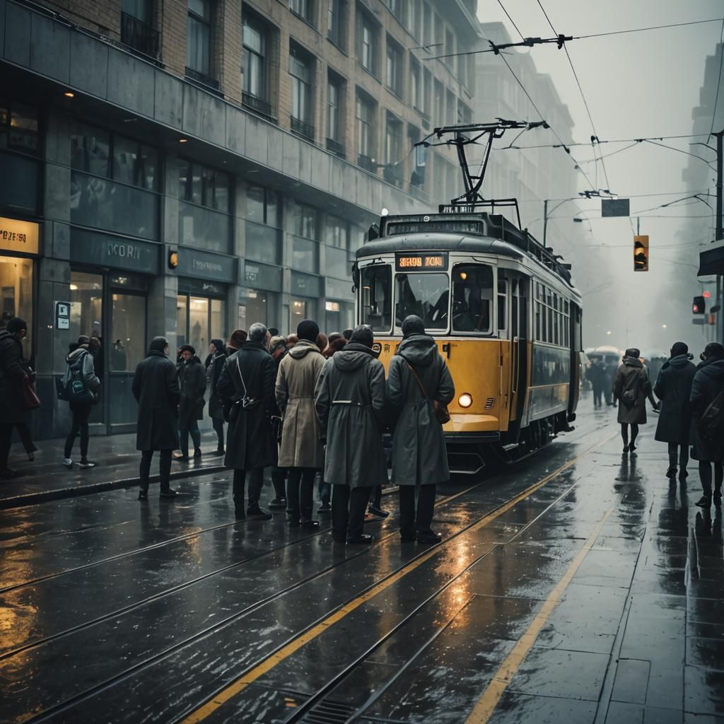 Dramatic Film Still of People Boarding Tram