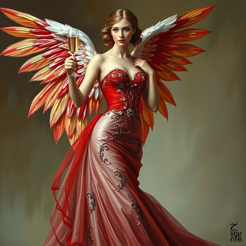 Angel in Red and Silver Haute Couture Gown Toasts with Champ...