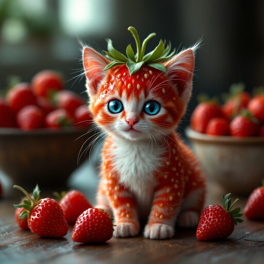 Whimsical Strawberry Kitten in Dark Fantasy Realism