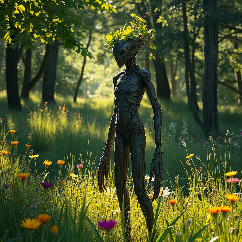 Humanoid Figure in Lush Biomechanical Landscape