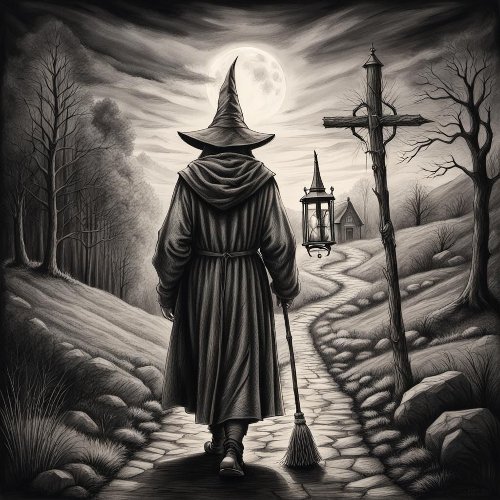 Pilgrim Walker in Medieval Witch Landscape, Charcoal Drawing