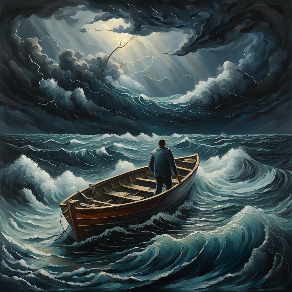 Man Lost at Sea: Oil Painting in Stormy Weather