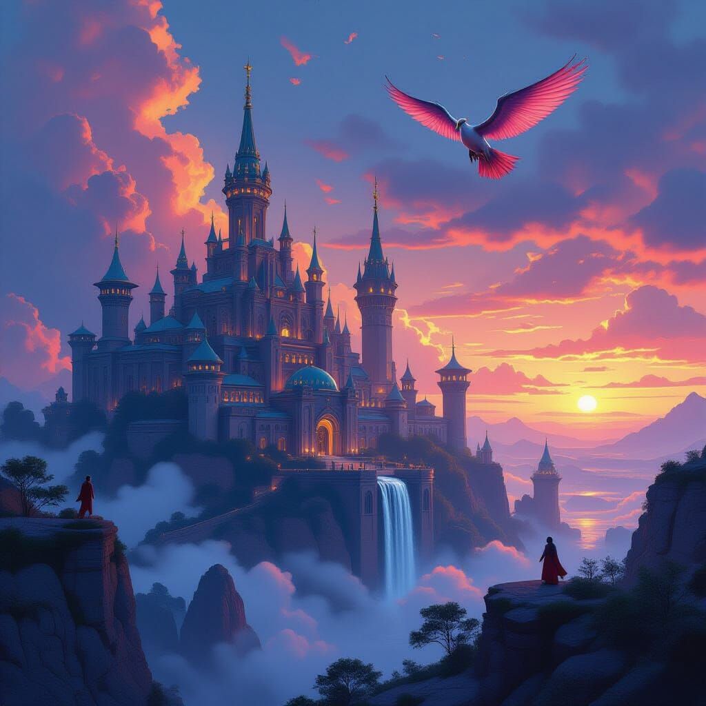 Mystical Landscape with Creatures and Futuristic Architectur...