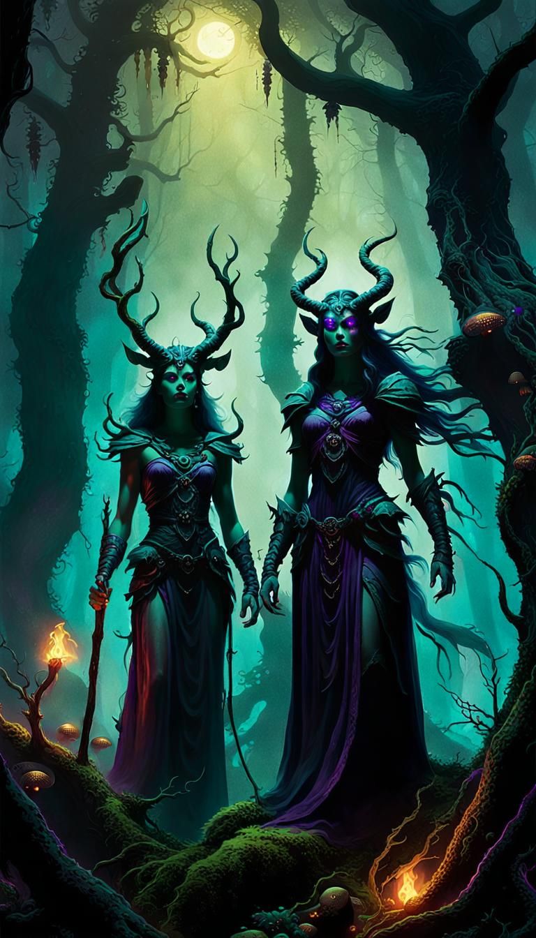 Demons in Misty Forest, Frank Frazetta Style Fantasy Art