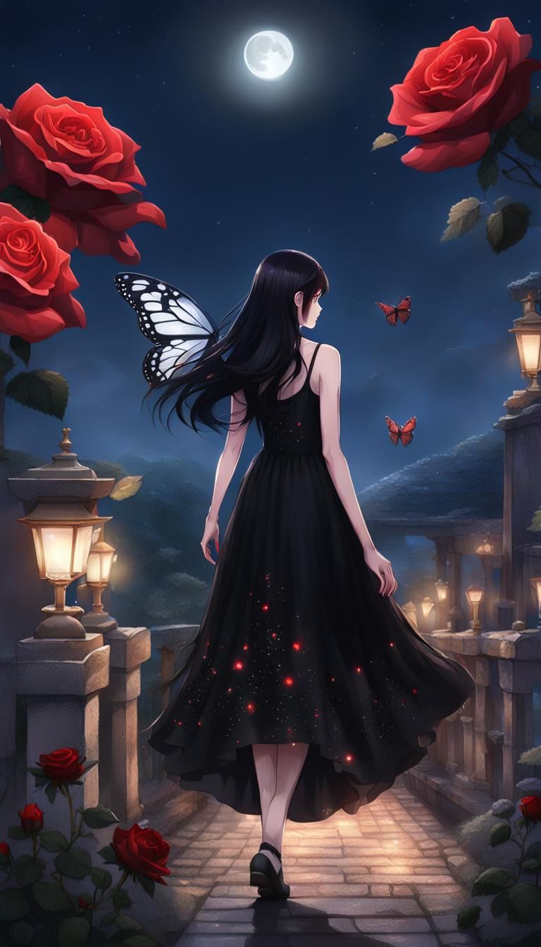 Woman with Red Eyes in Night Landscape