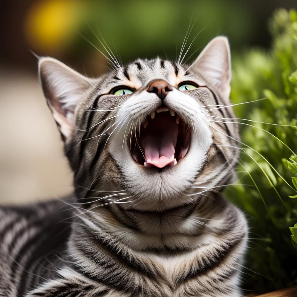 Laughing Tabby Cat Covers Mouth with Paw