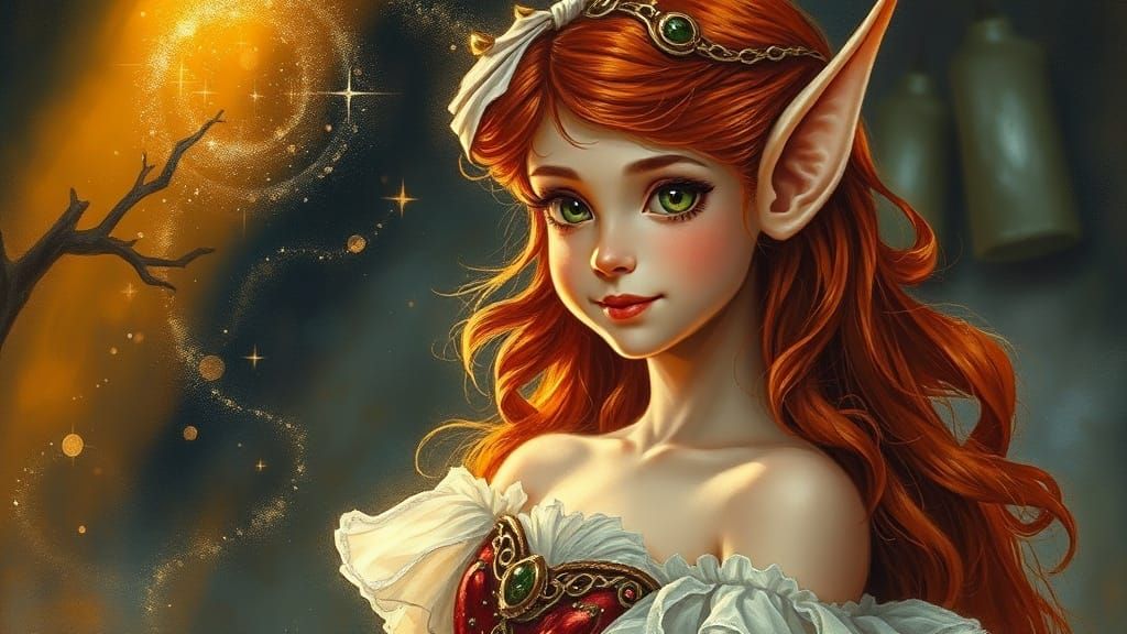 Red-Haired Elf in Glittering Dress as Oil Painting