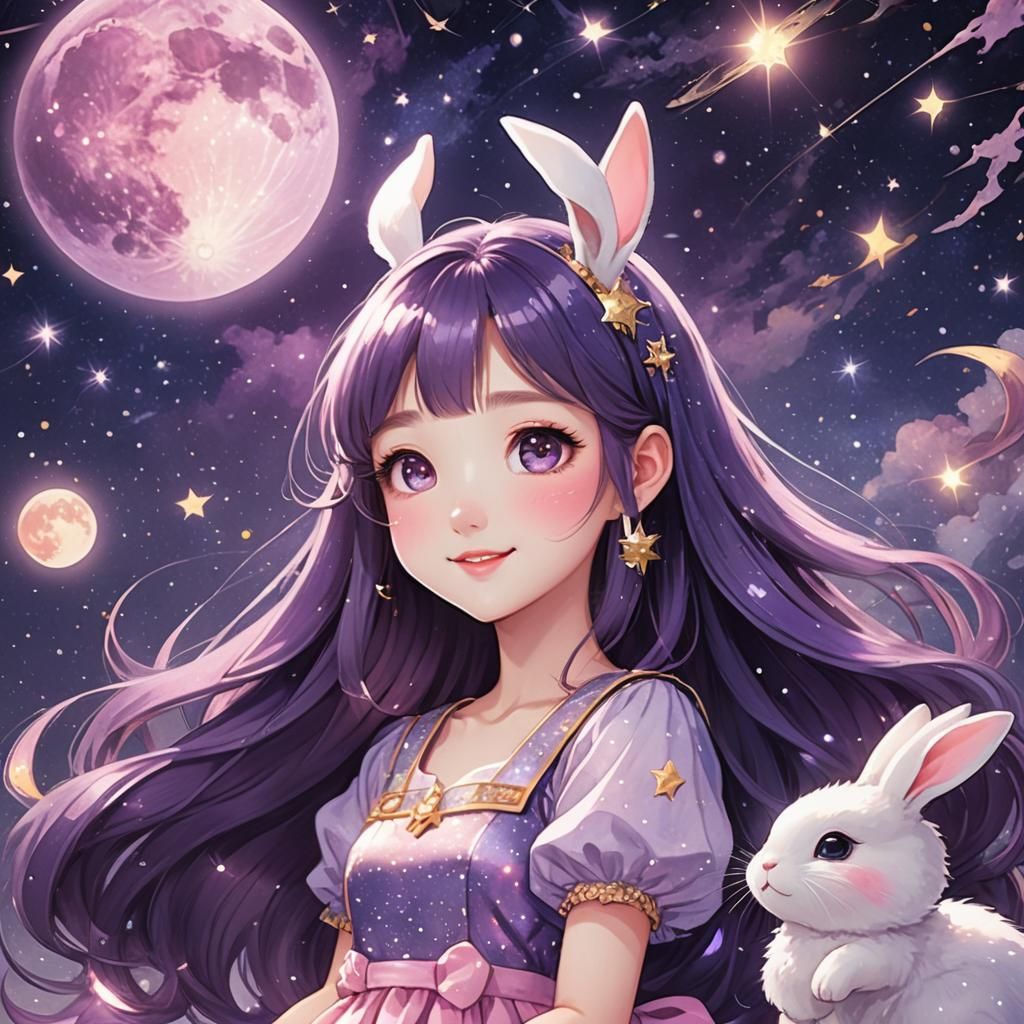 Cute Anime Girl with Bunny in Korean Anime Style