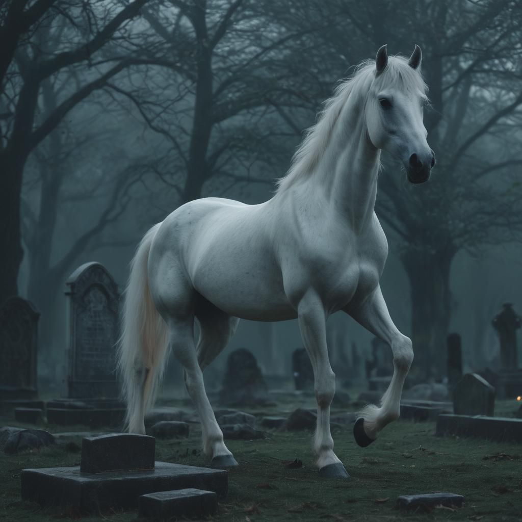 Ethereal Ghost Horse Portrait in Misty Graveyard