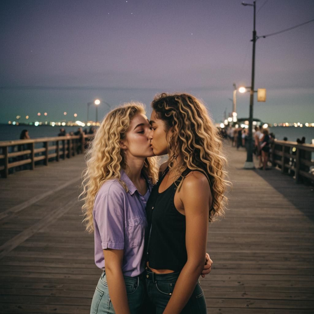 Teenagers Kissing on Boardwalk at Night
