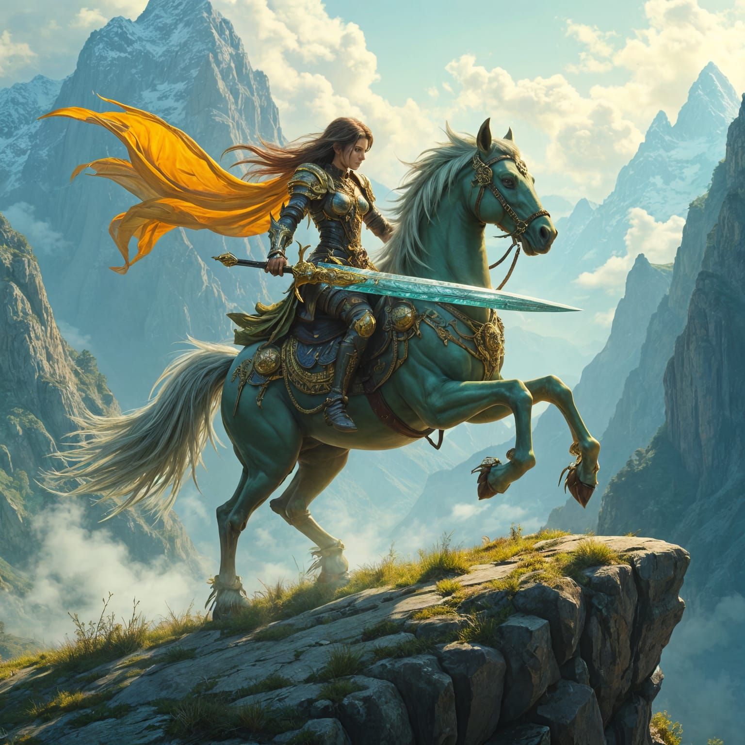 Heroic Warrior Rides Majestic Chocobo Through Snow-Capped Mo...