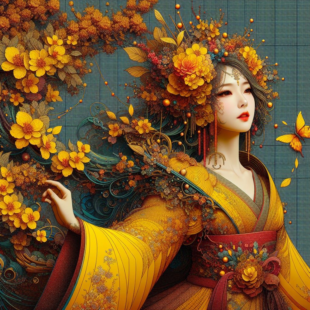 Autumn Princess in Pop Surrealist Japonisme Style