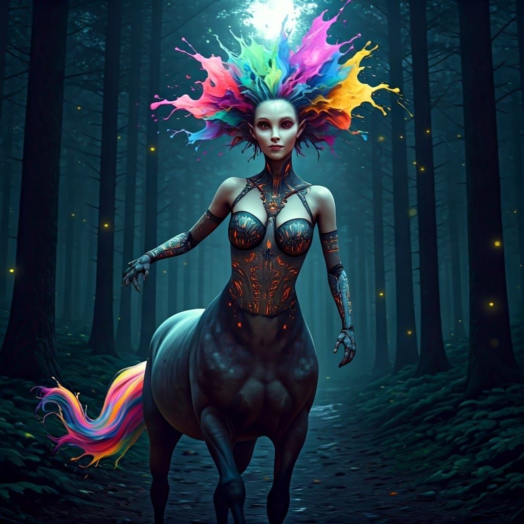 Alien Centaur in Misty Forest, Hyperrealistic Style
