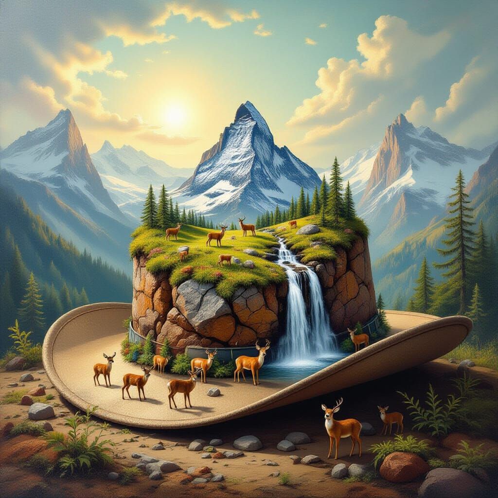 Surreal Hat with Nature Elements and Waterfall