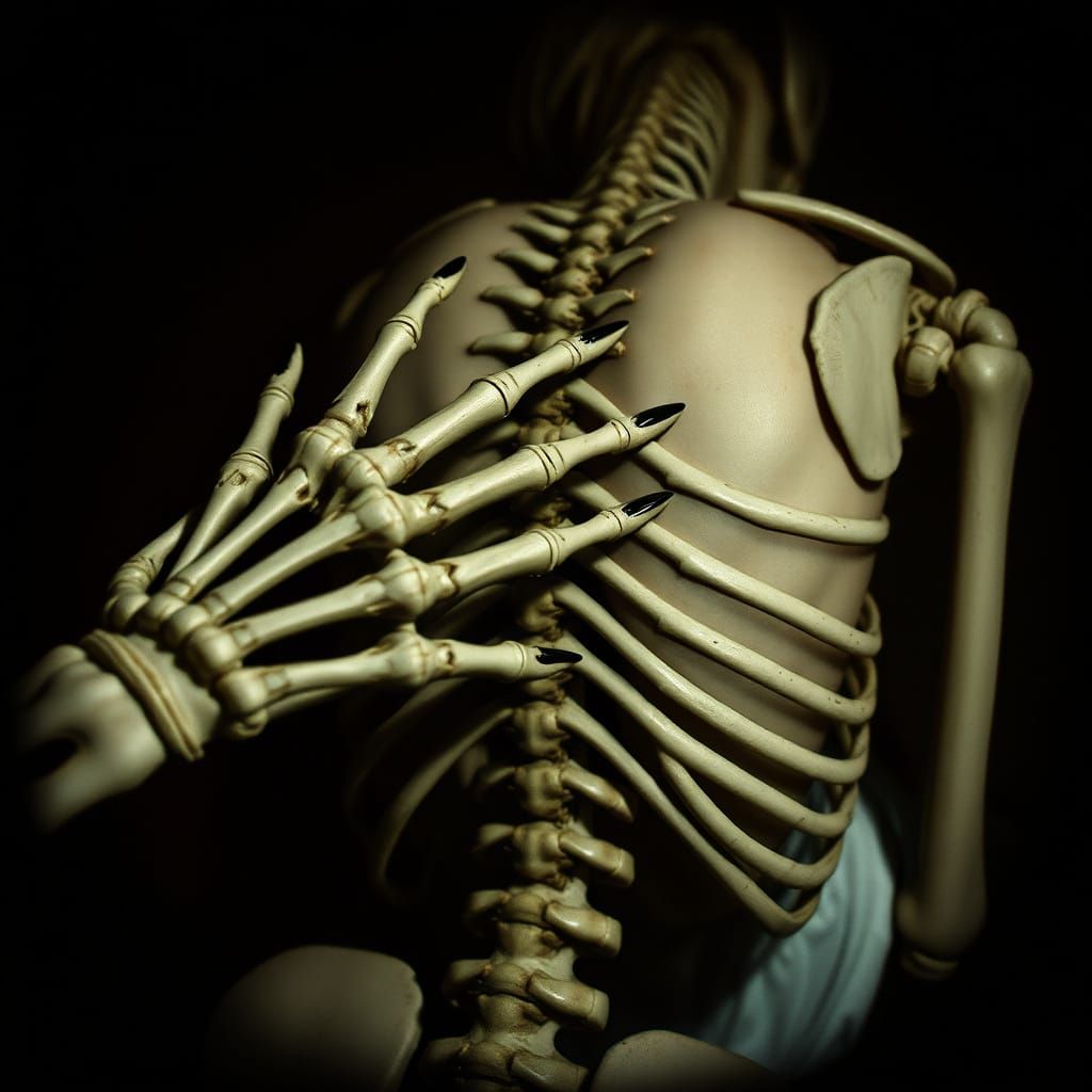 Macabre Skeleton Traces Vertebrae with Tender Intimacy