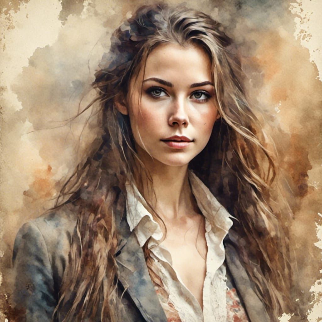 Brunette in Gritty Watercolor Style with Braids